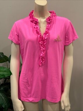 Lilly Pulitzer Luxletic Frida Ruffle V-Neck Hershey Hotel Top in Pink